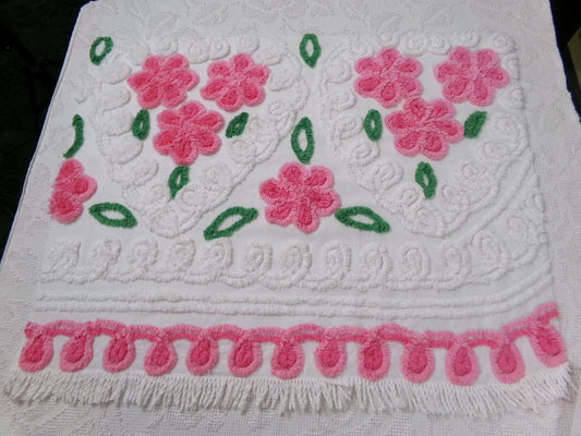 Pink White Floral Vintage Chenille Bedspread Fabric Sewing & Quilt Material 20" x 26"
