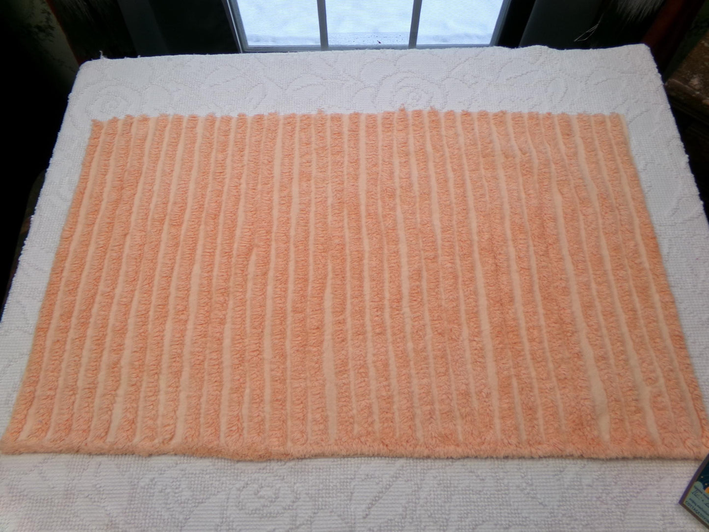 Peach Vintage Chenille Bedspread Fabric, Plush Tufted Lines, 16" x 28" piece