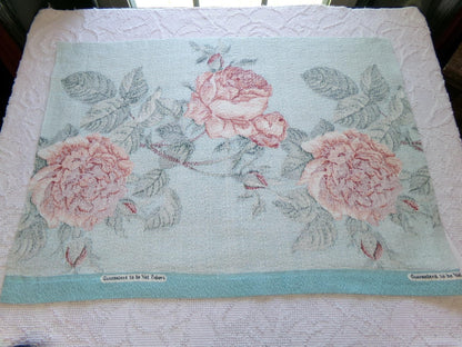 Vintage 1940s Barkcloth Fabric Aqua Blue Pink Roses Botanical Mid-Century Shabby, 18" x 26"