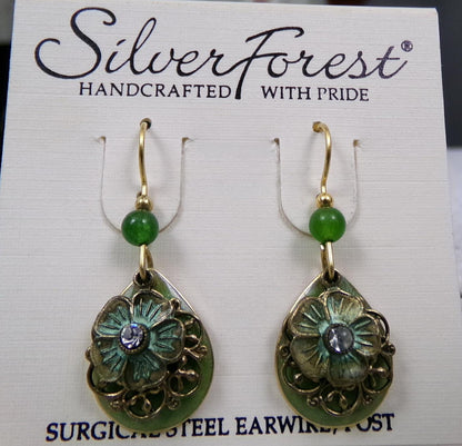 Silver Forest Dangle Earrings Vintage Style Layered Green Jade Bead Flower Teardrop