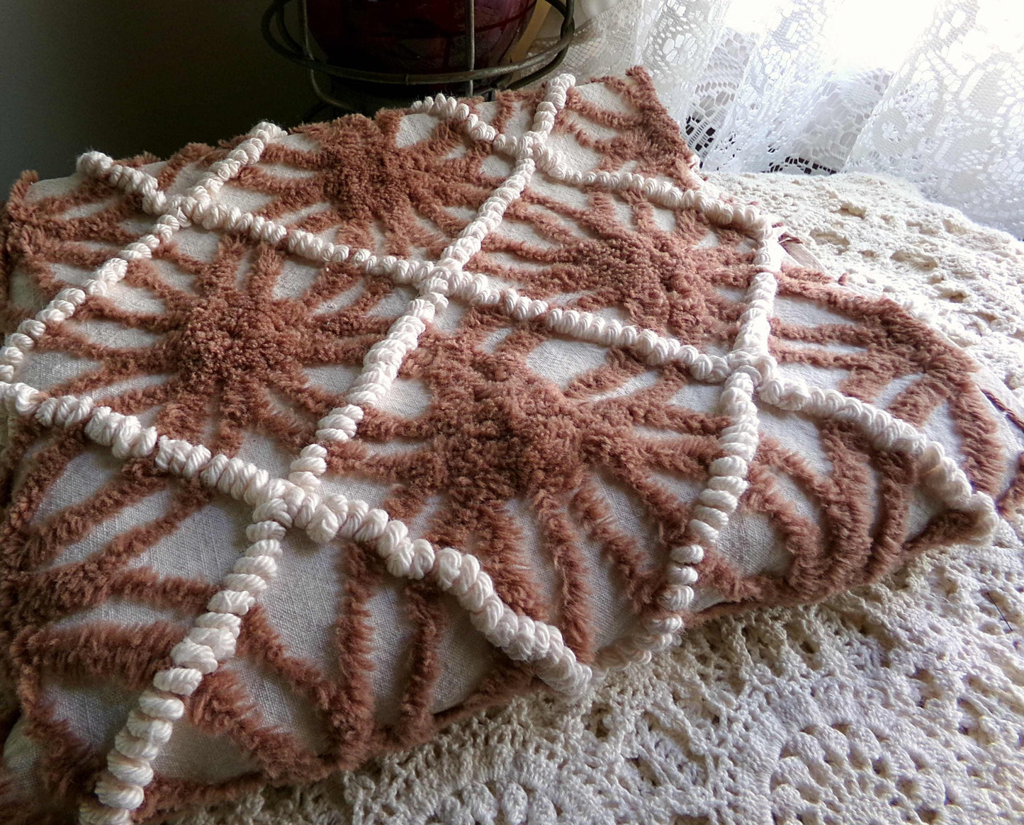 vintage brown chenille fabric: 18" x 28" contrast piece in mocha w/ tiny vanilla pearl pops, cute for teddy bears, quilts, crafts