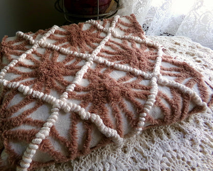 vintage brown chenille fabric: 18" x 28" contrast piece in mocha w/ tiny vanilla pearl pops, cute for teddy bears, quilts, crafts