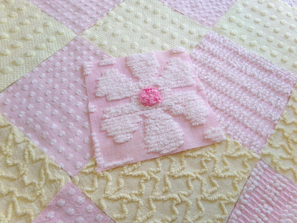 celebrate spring vintage chenille fabric squares, set of 17 pink & yellow 6" blocks for crafts, sewing