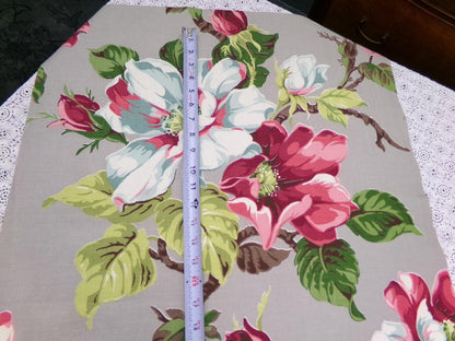 Vintage Barkcloth Fabric 1940s Pink Aqua Magnolia Floral Gray Mid-Century, 22" x 34"