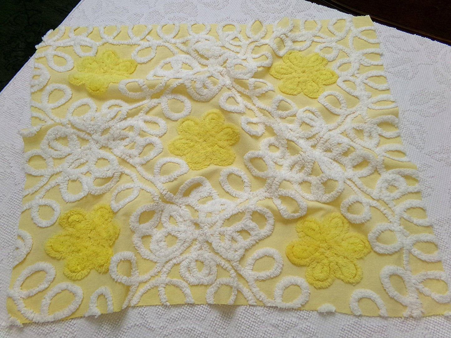 Sunny Yellow Daisy Vintage Chenille Fabric, White Swirl Sewing Quilt Material, 20" x 24"
