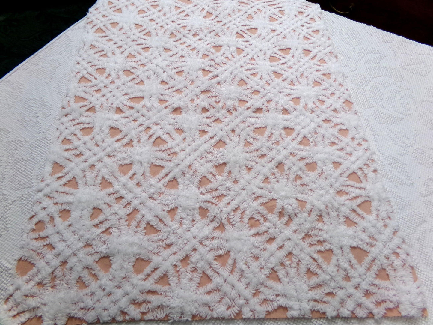 Cozy Peach & White Vintage Chenille Bedspread Fabric, Plush Geometric Quilt Material 18" x 24"