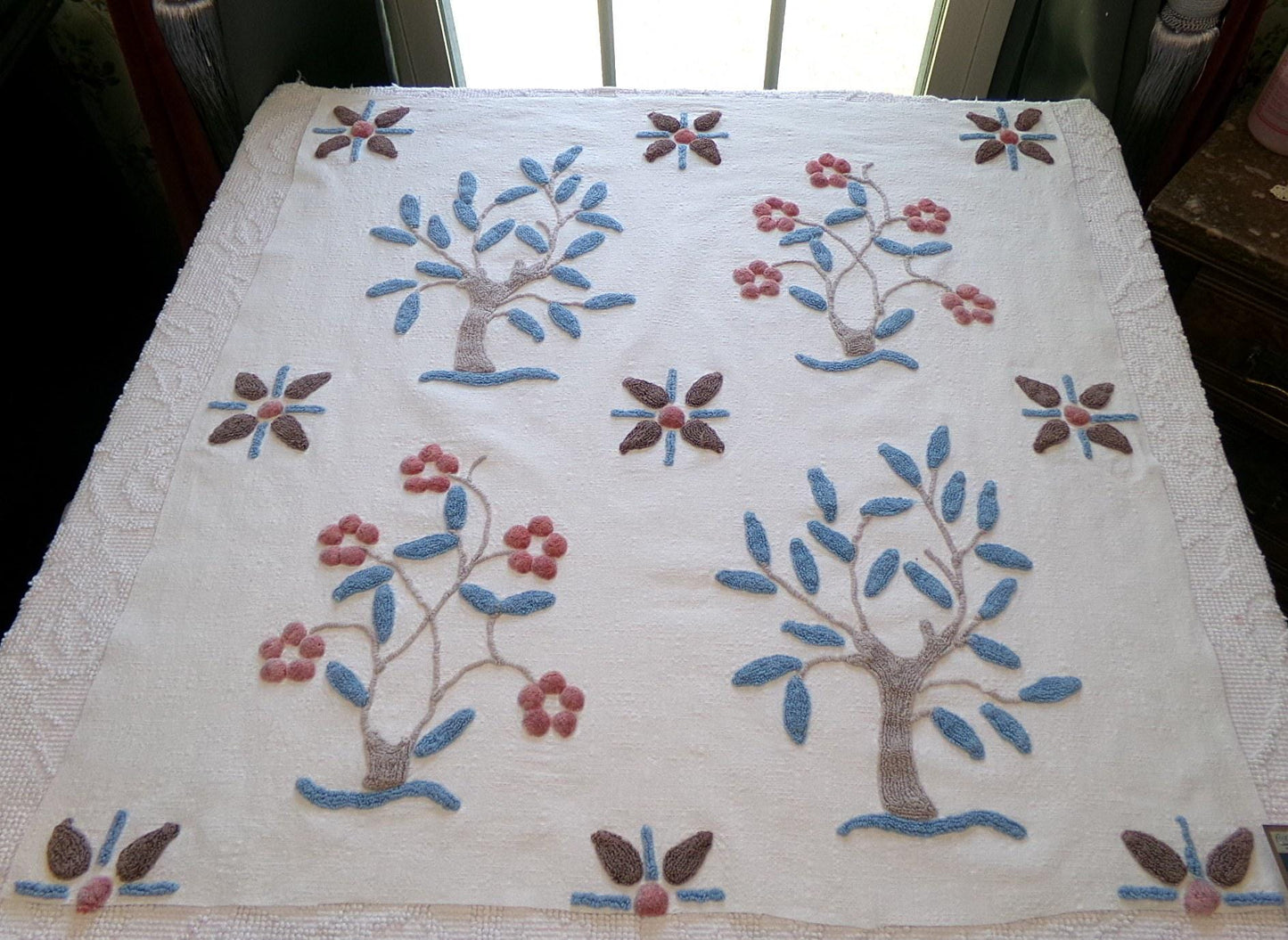 Vintage Bohemian Chenille Fabric - Natural Woodland Tree Floral & Star Design, 28" x 29"