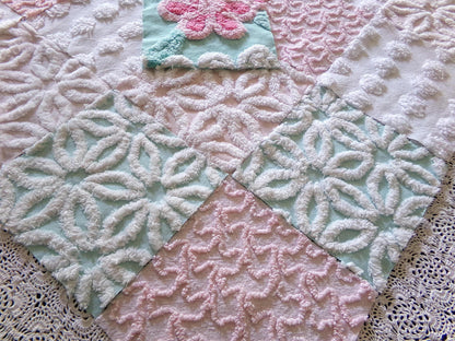 cottage chic 6" chenille squares, set of 17 aqua, pink & white quilt blocks cut from vintage chenille bedspread fabrics, daisies 'n dots