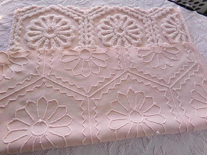 vintage chenille bedspread fabric peach blush daisy medallions 20x24" sewing quilt material