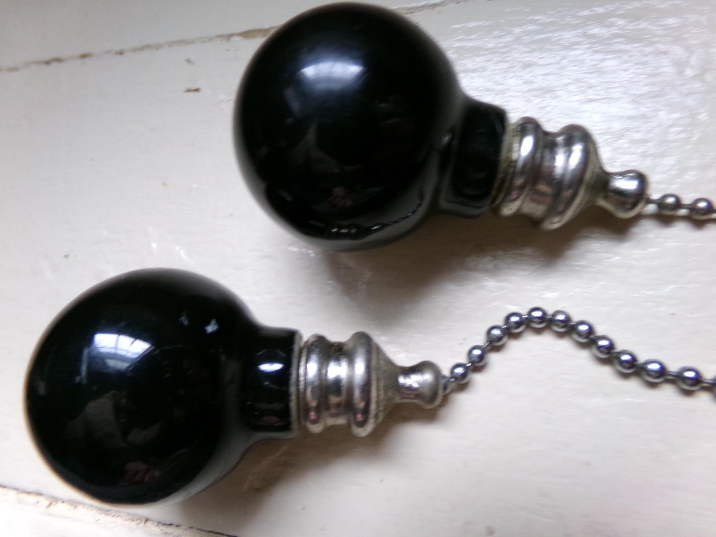 ceiling fan pulls pair, vintage style round black ceramic
