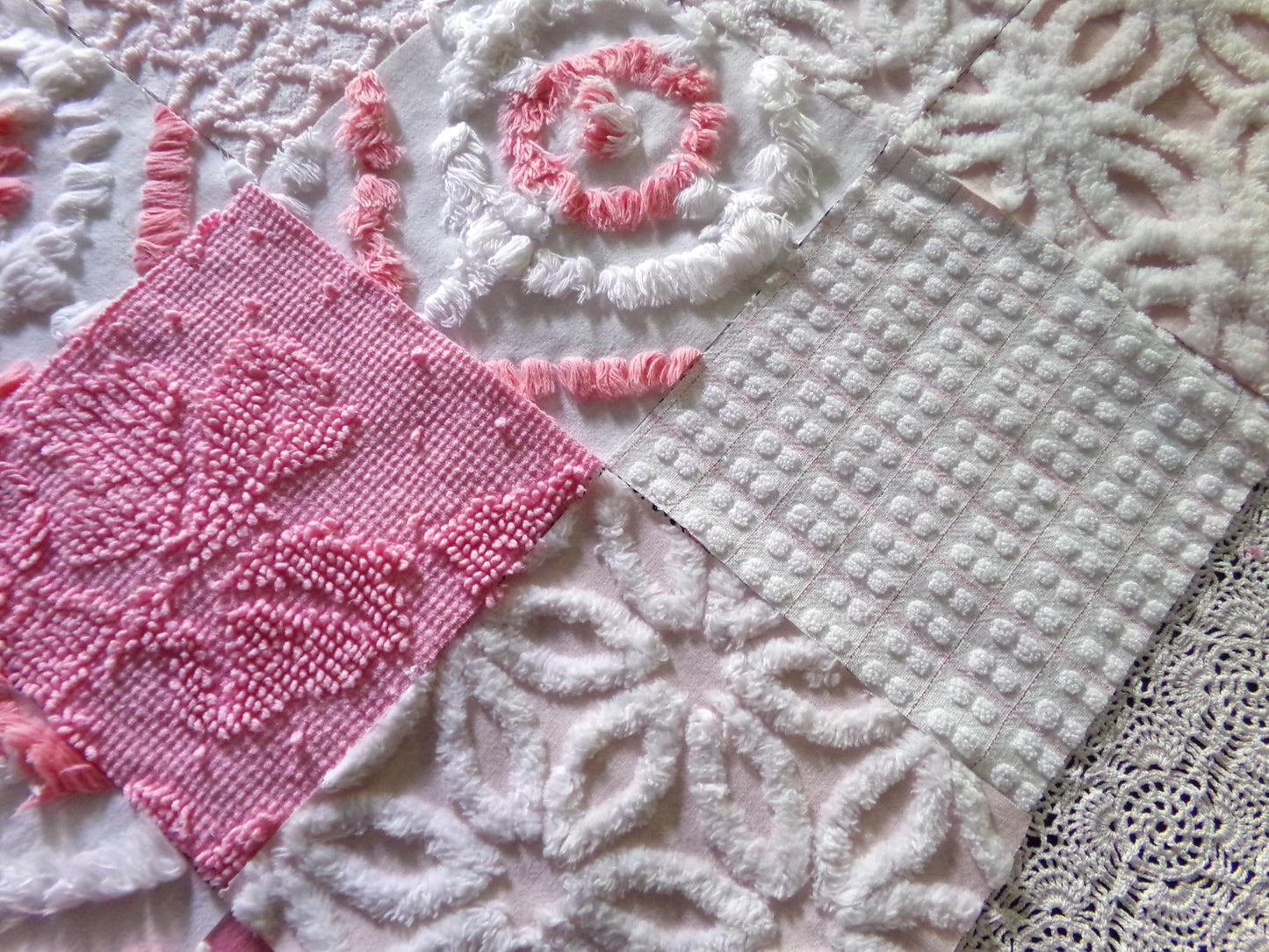 cottage pink & white chenille fabric squares, 16 pretty vintage 6" quilt blocks in girly colors, daisies, dots, squiggle textures