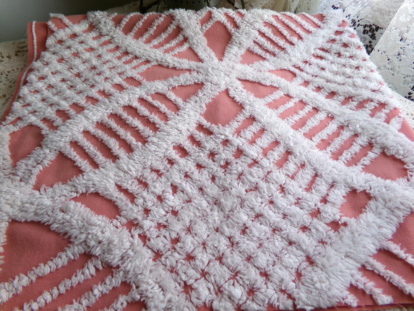 Warm Terracotta Rose Vintage Chenille Fabric, 29" x 27" Inch Piece, White Geometric Designs