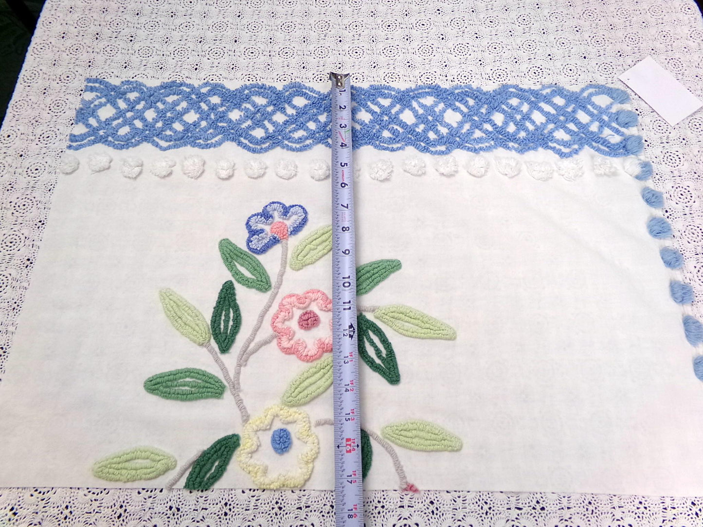 cottage style vintage chenille bedspread fabric 17x24" blue white floral