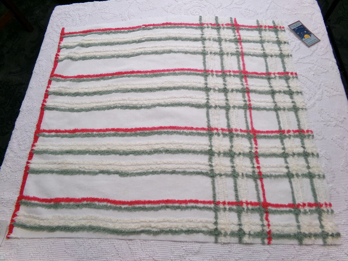 Vintage Chenille Fabric, Rustic Christmas Plaid in Muted Red, Green & Cream, Nice for Shabby Chic Holiday Quilts, 22" x 25" Cut Piece
