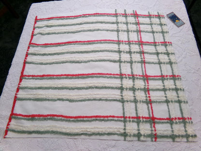 Vintage Chenille Fabric, Rustic Christmas Plaid in Muted Red, Green & Cream, Nice for Shabby Chic Holiday Quilts, 22" x 25" Cut Piece