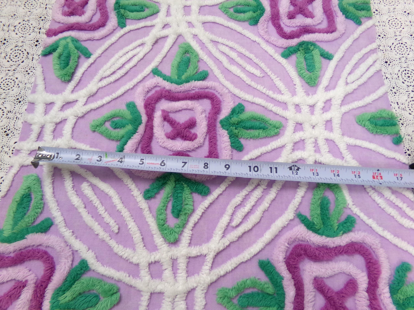 Vintage Chenille Bedspread Fabric Lilac Cabbage Roses 17.5 x 34" Cottage Quilt Sewing Material