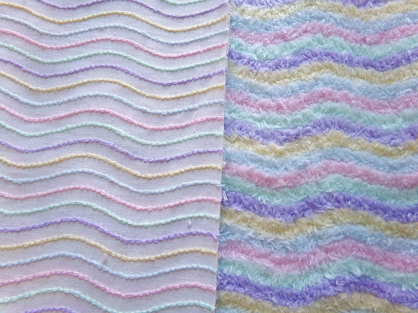 Pastel Rainbow Striped Chenille Fabric, Vintage Lilac, Yellow, Mint Green, Sky Blue & Pink Ripple 18" x 24" piece, sewing quilt material