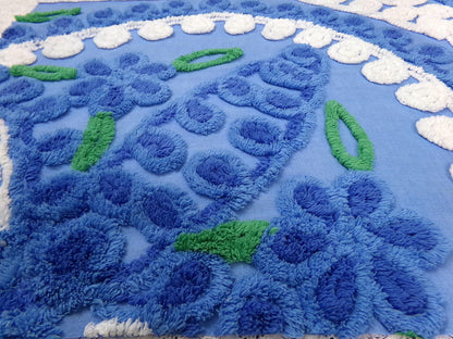Vintage Midnight Blue Chenille Bedspread Fabric Abstract Celestial Florals 24x25"