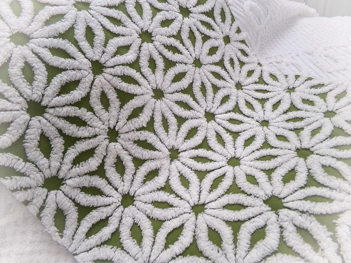 Boho Olive Green Vintage Chenille Fabric, High Contrast White Daisy 18x24" Pc