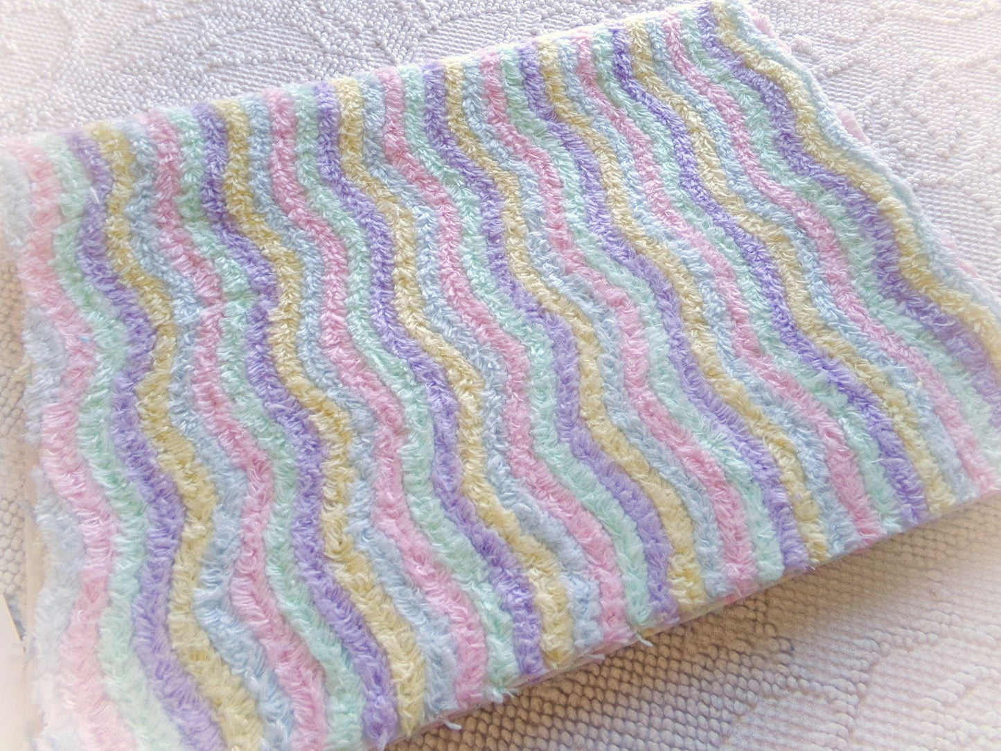 Vintage Pastel Rainbow Chenille Fabric Piece, Ripple Wave Stripes, 12x28" Quilt Material