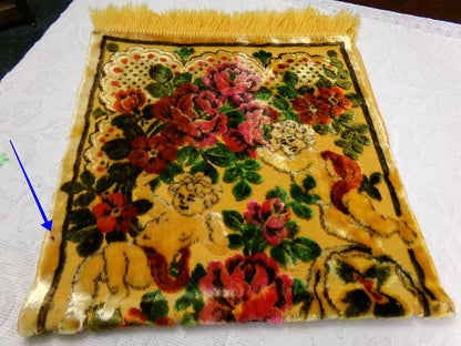 Vintage Cut Velvet Spotlight Shadow Angel Floral Tapestry Panel Fringed Cherub Wall Hanging or Rug 19"x38.5"