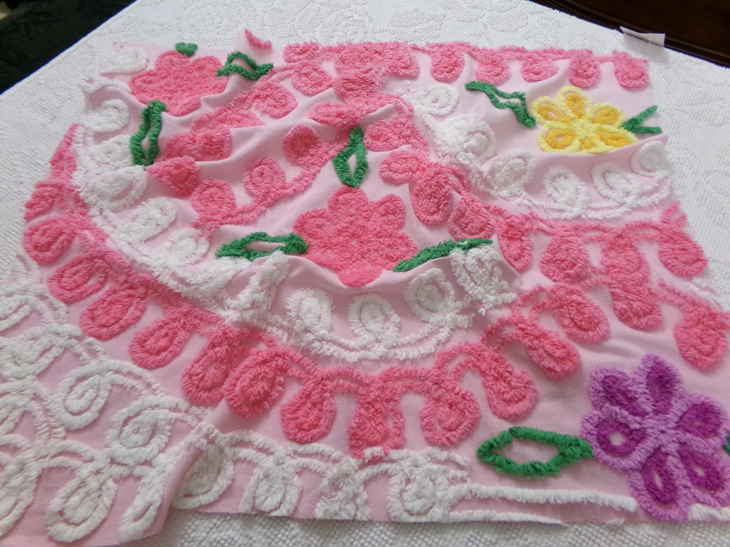 Pink Floral Vintage Chenille Bedspread Fabric, shabby cottage sewing craft quilt material, 20" x 24" piece