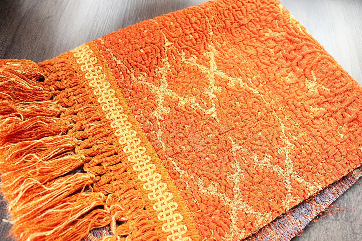 Luxurious Vintage Tapestry Fabric, Shimmer Gold & Orange Woven Damask Sewing Material, 20" x 25"