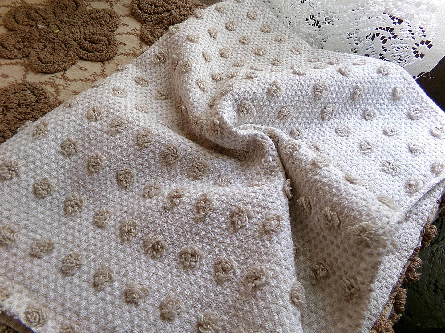 Sand Dune Vintage Chenille Fabric, Cute Dots on a Woven Sandy Brown & White Bkgd, 18" x 24" Inch Piece, Neutral Color