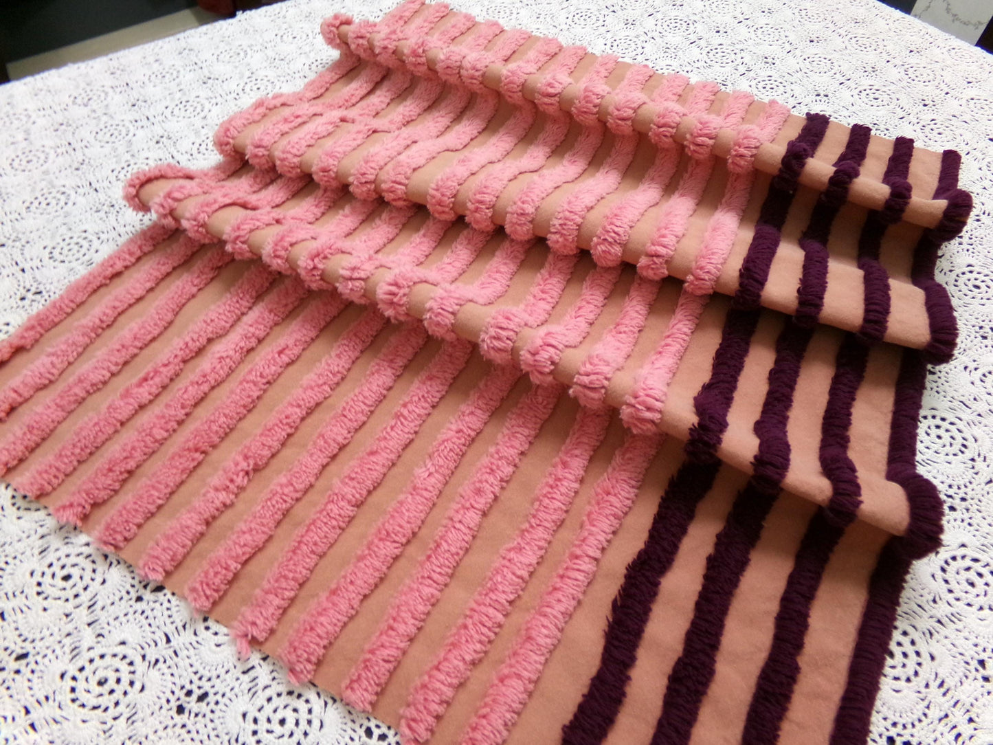 Transitional Stripe Vintage Chenille Bedspread Fabric 15x24" Unique Plush Sewing Material