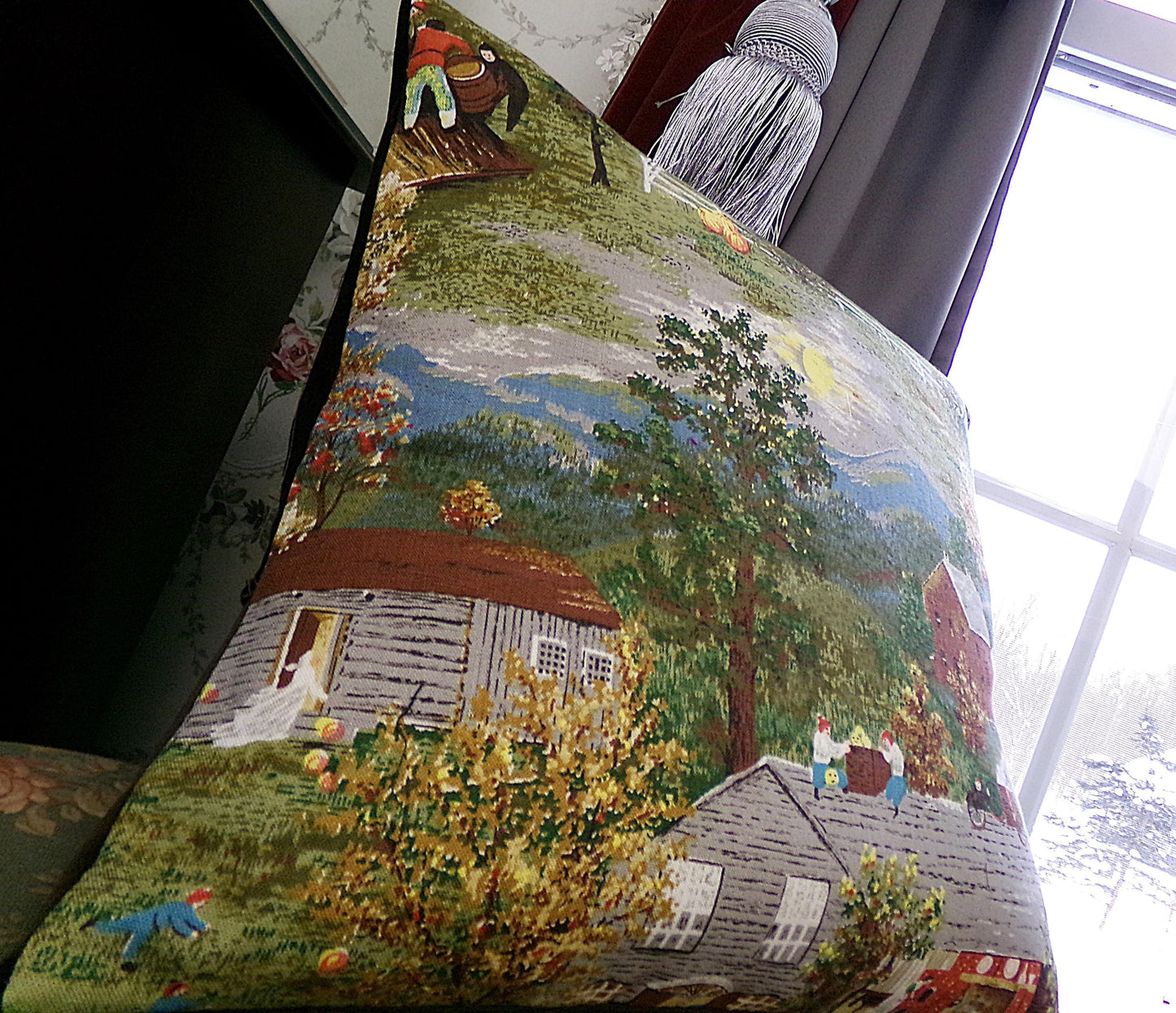 Vintage Barkcloth Pillow Grandma Moses Halloween Folk Art w/ Velvet Back Handmade Americana