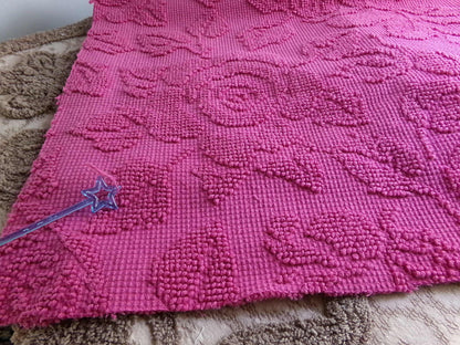 Fuchsia Pink Rose Vintage Woven Chenille Fabric, Reversible Hobnail 20" x 25" Piece Quilt Material