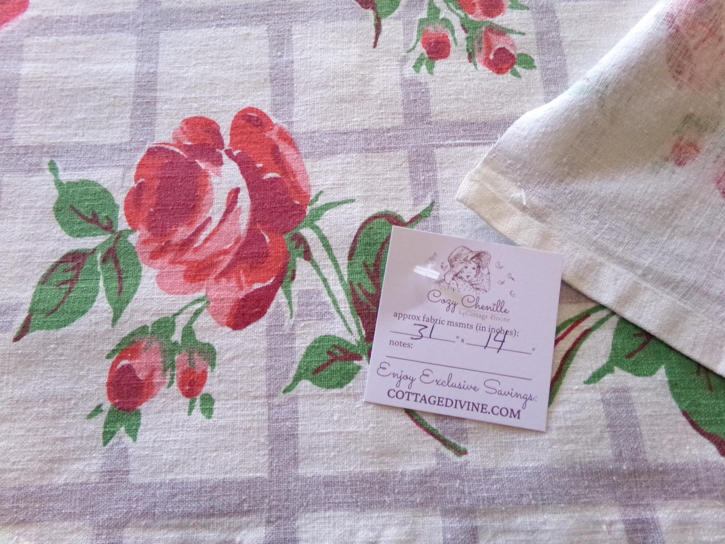 Red Roses Lattice Vintage Fabric Piece, Midcentury Style 14" x 31" inches for sewing material, upcycling