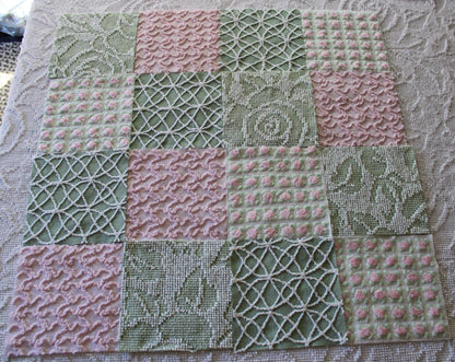 rosy romance chenille fabric squares, set of 16 vintage quilt blocks 6" inches ea, squiggle, hobnail, rosebud texture in jade & pink rose