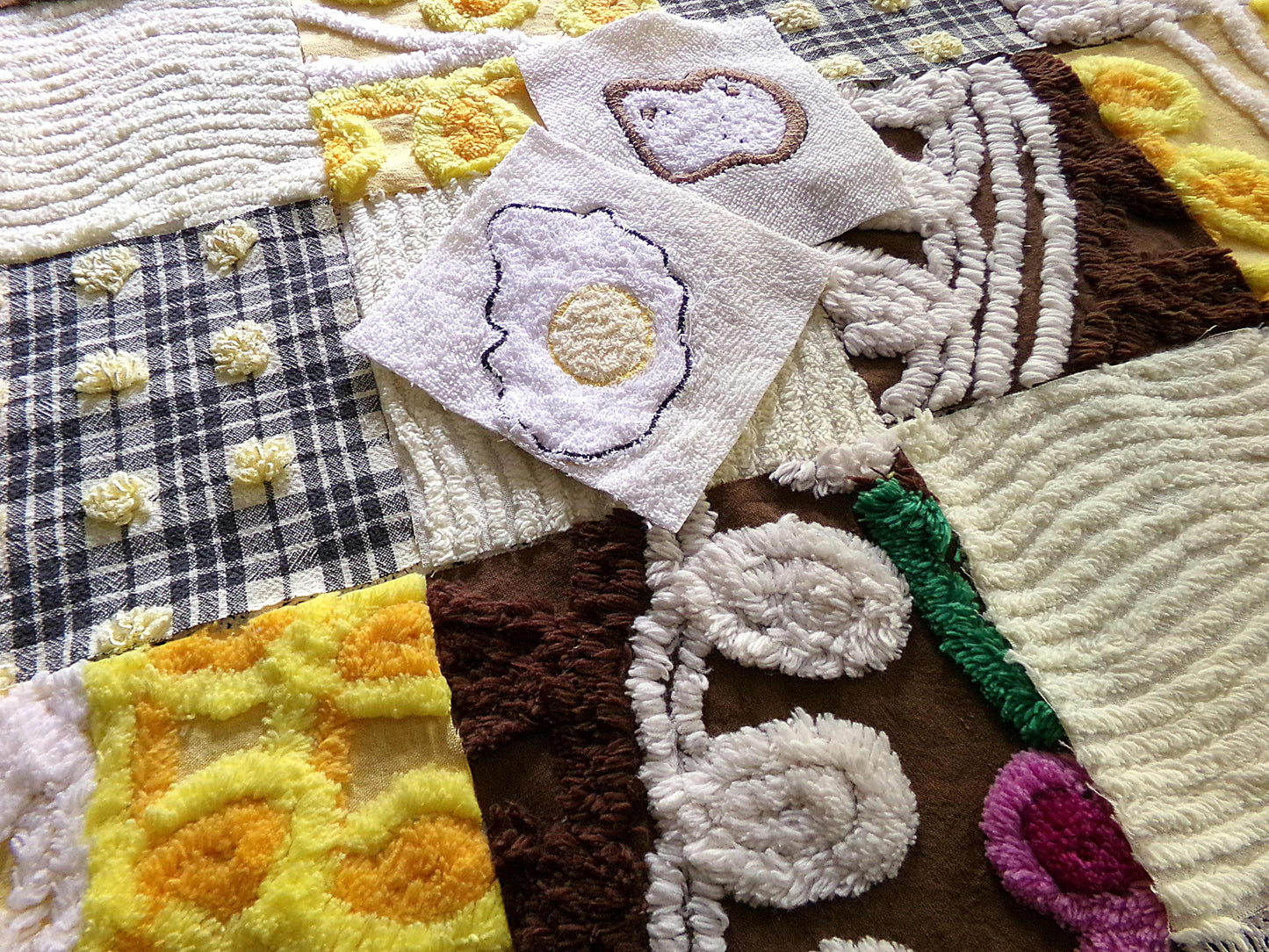 retro diner vintage 6" chenille squares, set of 16 novelty quilt blocks cut from vintage chenille bedspread fabrics, breakfast eggs & toast