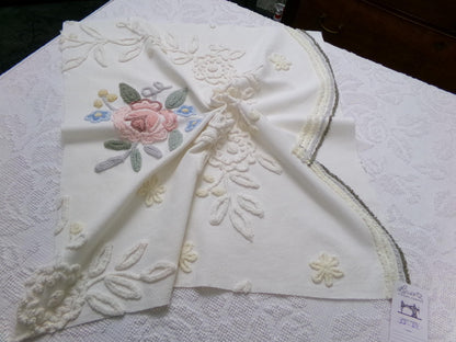 Solitary Rose Vintage Chenille Bedspread Fabric, Shabby Sweet Sewing Material, 22" x 24"