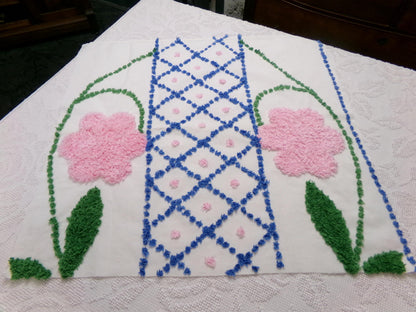 Vintage Chenille Bedspread Fabric White Pink Floral Blue Lattice Trellis Cottage 24x23"