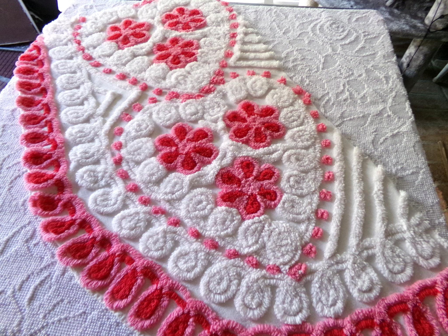 romantic hearts vintage chenille fabric, sweetest plush rose pink flowers, 21" x 26" inch rounded piece cotton sewing material for crafting