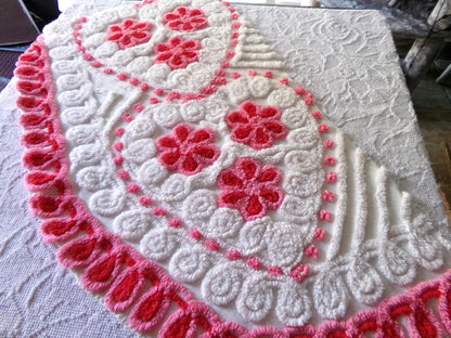 romantic hearts vintage chenille fabric, sweetest plush rose pink flowers, 21" x 26" inch rounded piece cotton sewing material for crafting