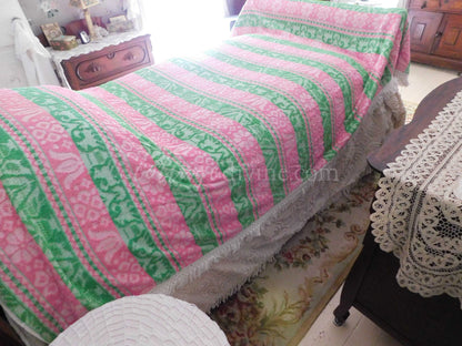 Boho Vintage Bedspread, Woven Chenille Folk Art Pink & Green Hobnail w/ Fringe, Twin Sz