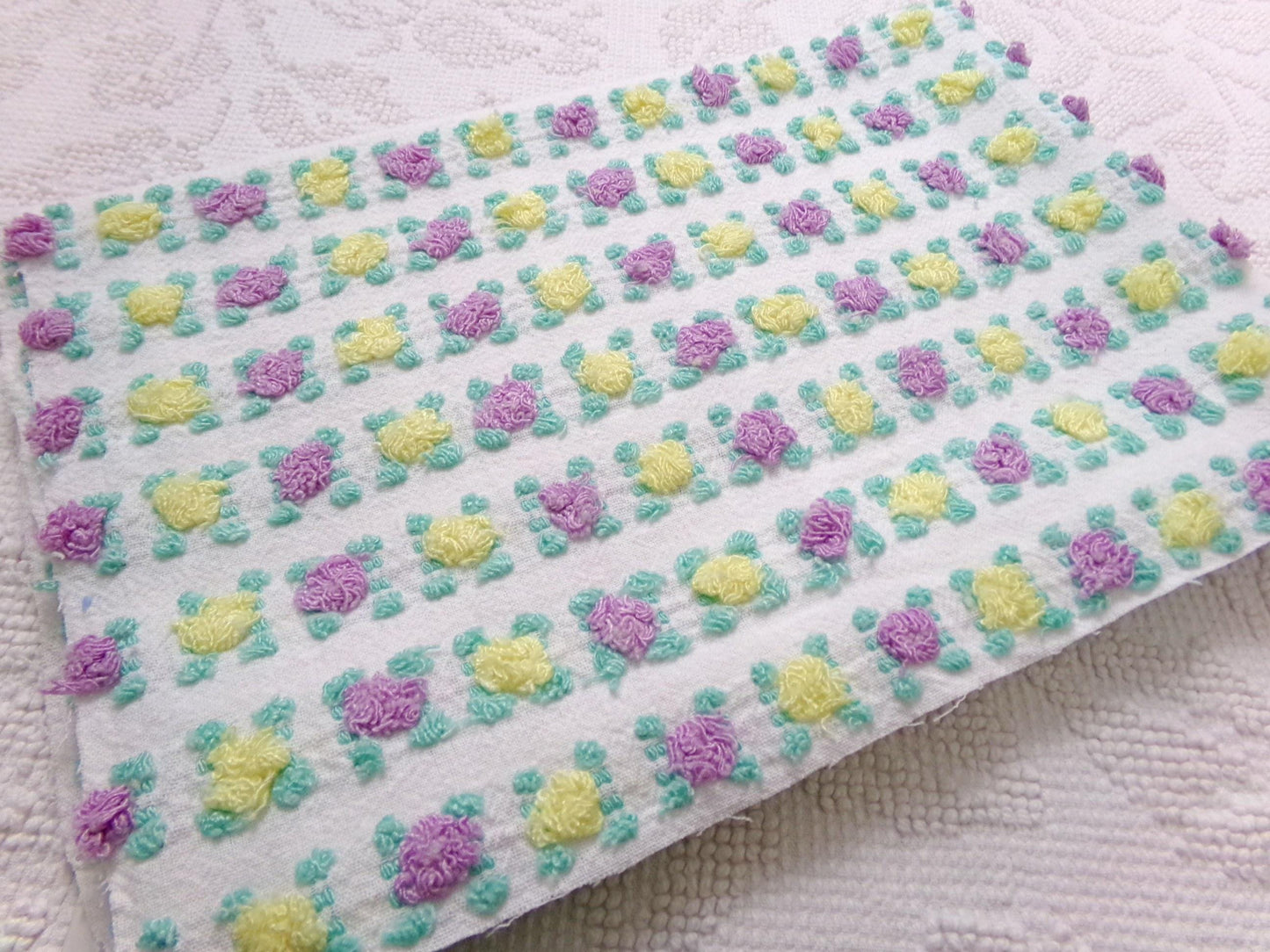 Rare Rosebud Vintage Chenille Fabric, Yellow Lilac Tufted Roses, 17x24"