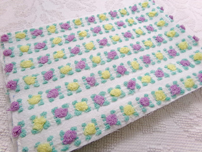 Rare Rosebud Vintage Chenille Fabric, Yellow Lilac Tufted Roses, 17x24"