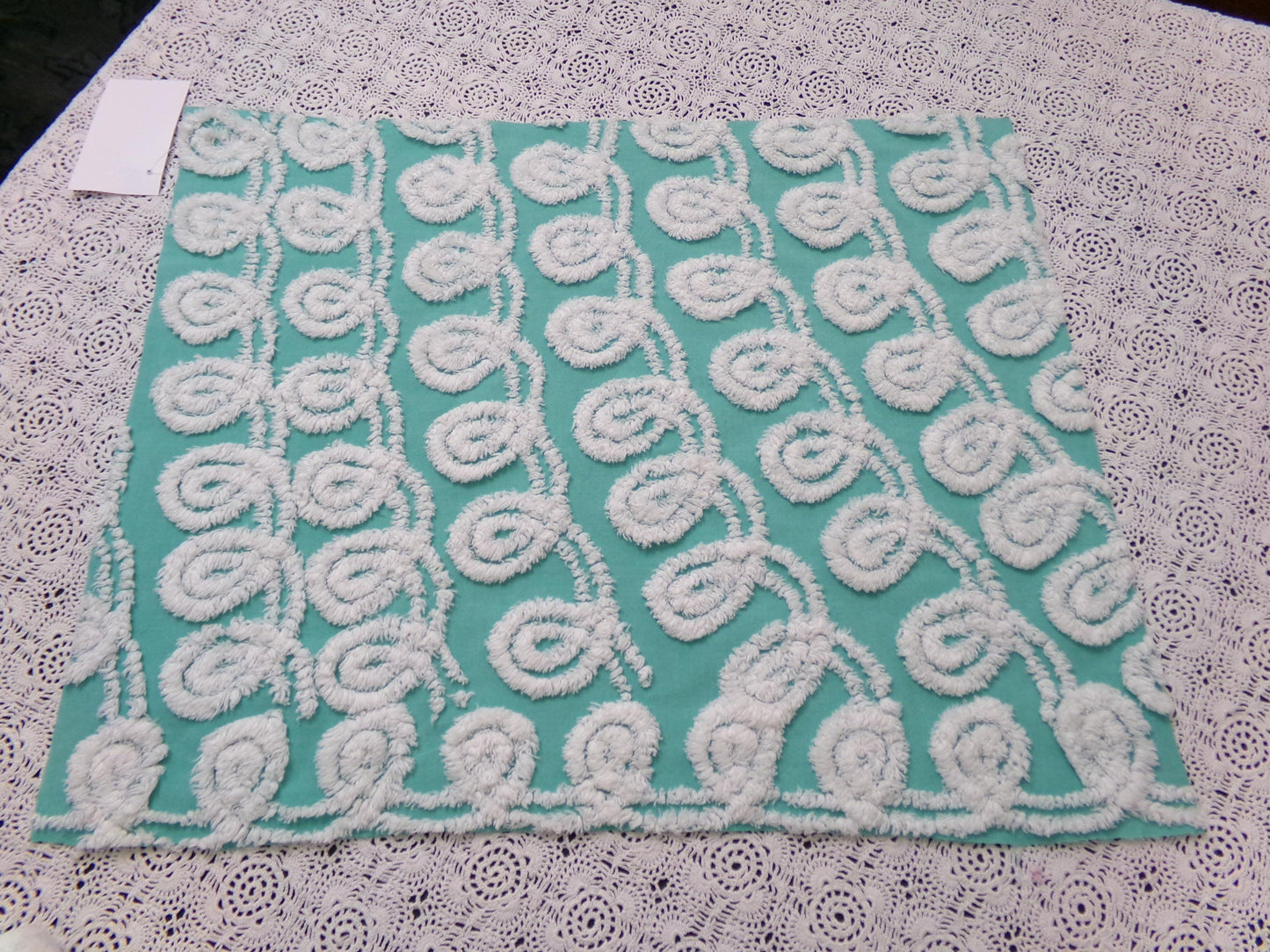 Soothing White Curly Loops Jade Vintage Chenille Bedspread Fabric 15" x 19" Piece