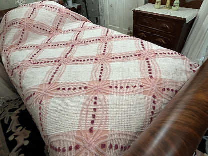 Pink Vintage Chenille Bedspread, Geometric Wedding Ring Dot Design, Full Size
