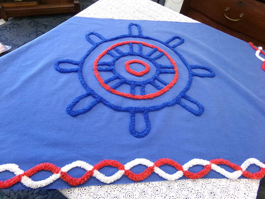 Nautical Ship Wheel Chenille Fabric Piece Vintage 43x25" Red White Blue Americana Coastal Decor