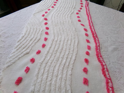 zany white & hot pink vintage chenille fabric: interesting piece of sewing material, 15" x 28" lightweight cotton blend piece