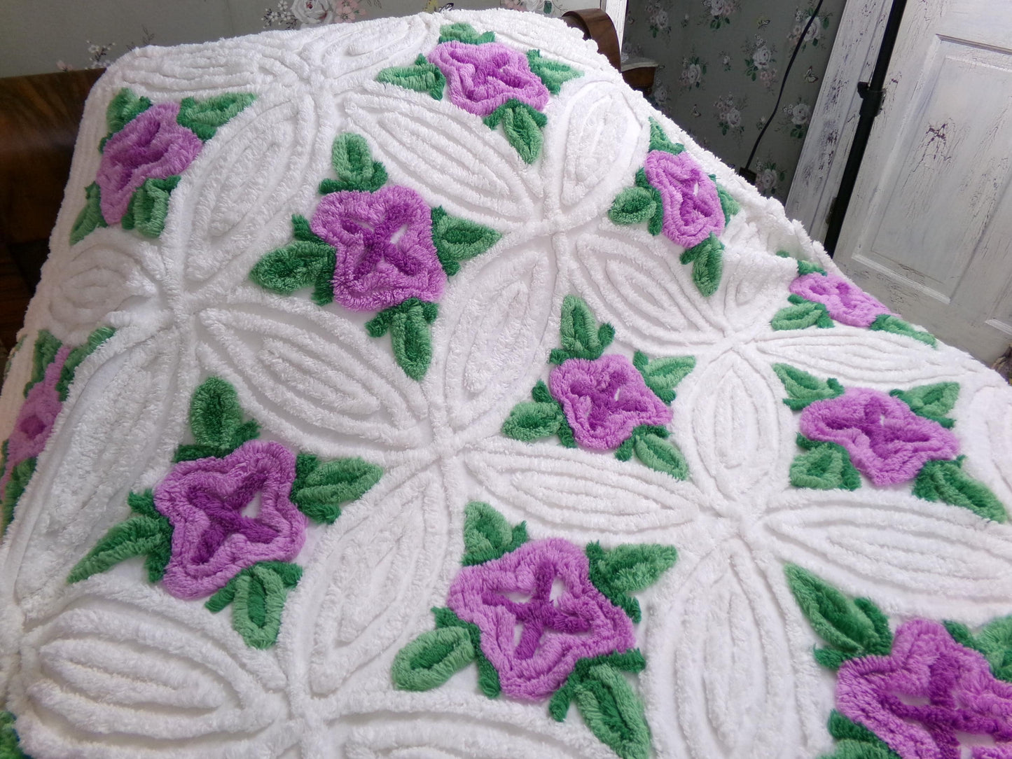 Lavender Cabbage Rose Blooms 1940s White Cotton Chenille Bedspread, FULL Size