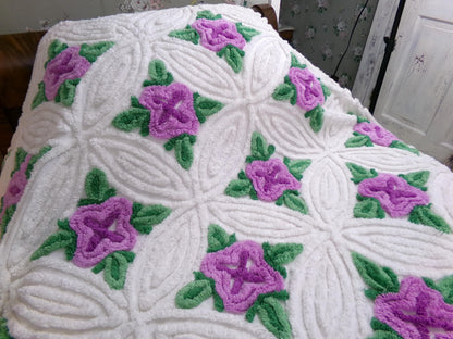 Lavender Cabbage Rose Blooms 1940s White Cotton Chenille Bedspread, FULL Size
