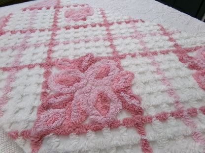 white & pink rose vintage chenille bedspread fabric, cottage chic quilt material, 18" x 25" piece