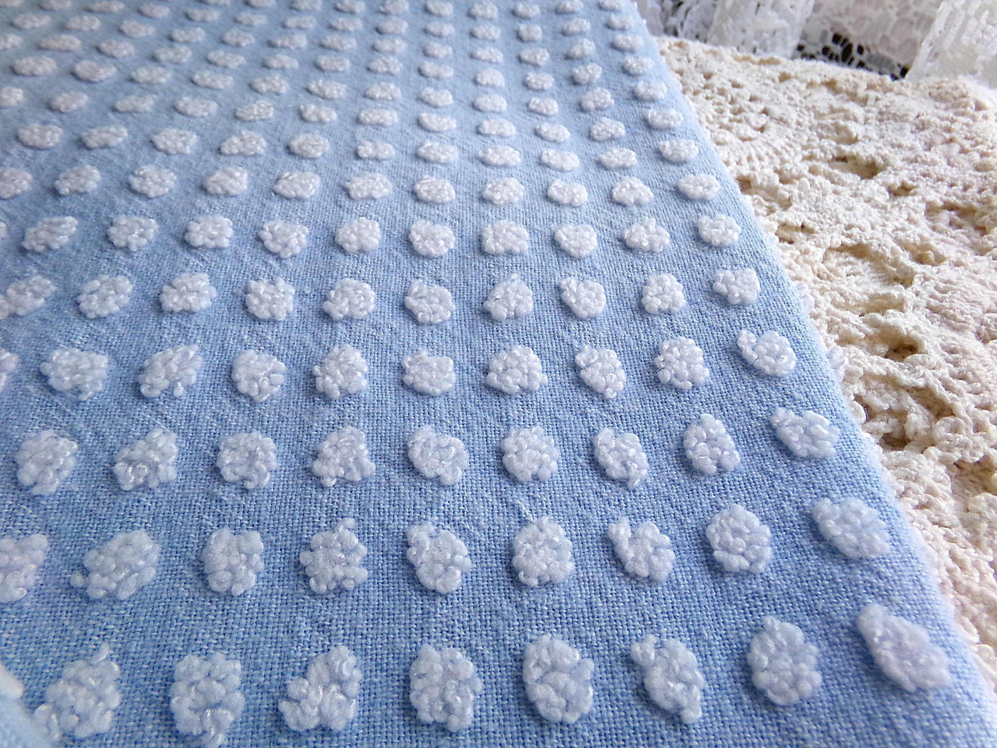 Bubble Dots Vintage Chenille Material, 24" x 18" inch Fabric Piece, Little White Pops on Sky Blue, Beachy Coastal Vibes