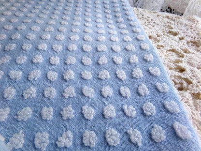 Bubble Dots Vintage Chenille Material, 24" x 18" inch Fabric Piece, Little White Pops on Sky Blue, Beachy Coastal Vibes